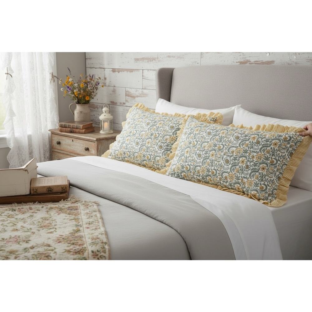 Rachel Ashwell Quilted Floral‎ Ruffle King Pillow Shams Yellow Tie Back Cottage